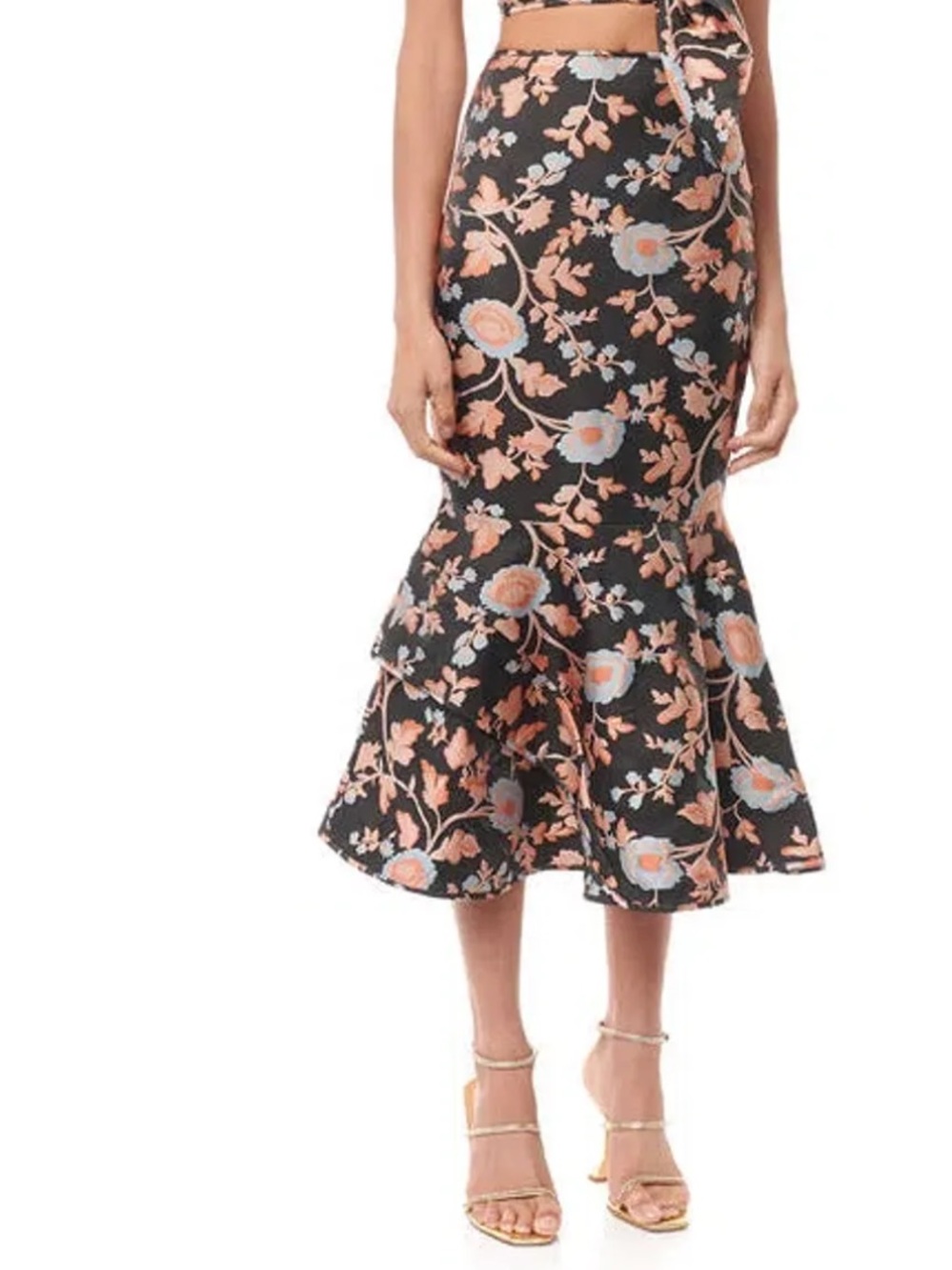 Eliya the Label Zani Skirt Floral Jacquard Peplum Midi Skirt - Black & Rose Gold